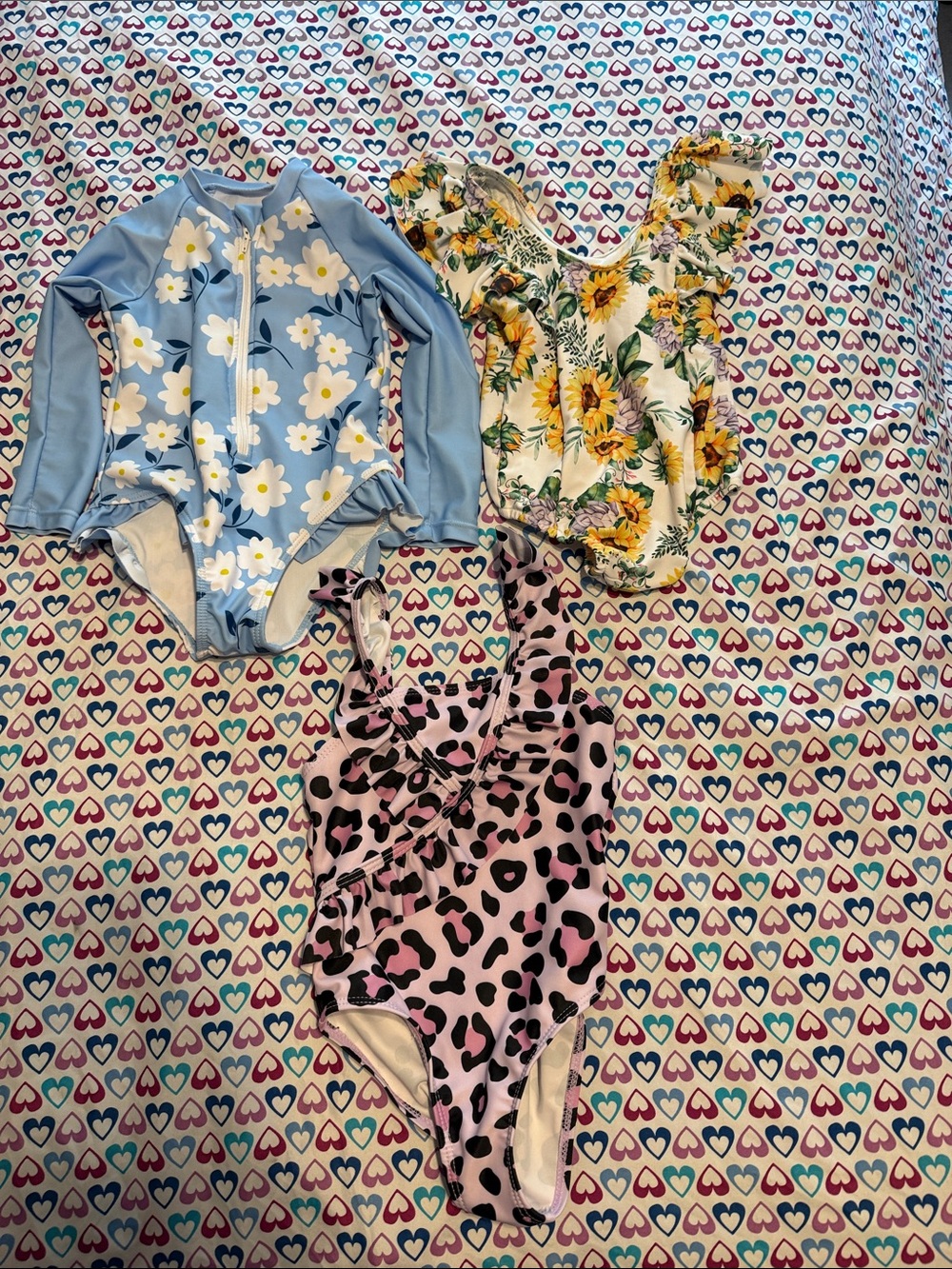 Kids Floral & Leopard One-Piece Bodysuit Swim Set - Blue, Yellow, Pink